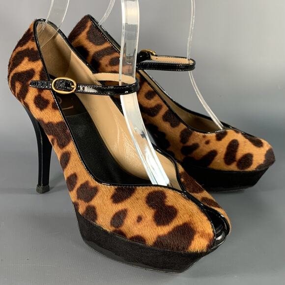 YVES SAINT LAURENT 6 Tribute Brown Black Calf Hair Animal Print Platform Sandals - Picture 1 of 8